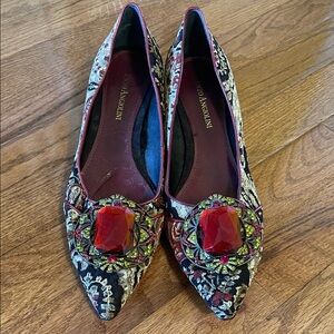 Enzo Angiolini Black Floral Pointed Flats with Red Gem Embellishments